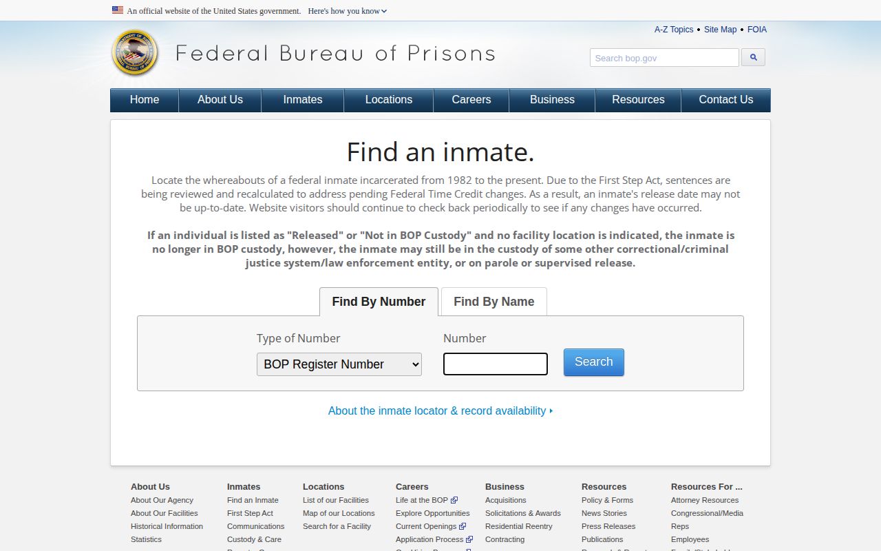 Federal BOP locator used after an Otter Tail County jail transfer or release