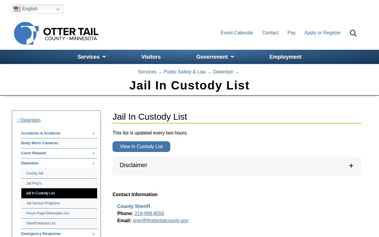 Otter Tail County released inmate search starting at the current jail custody list