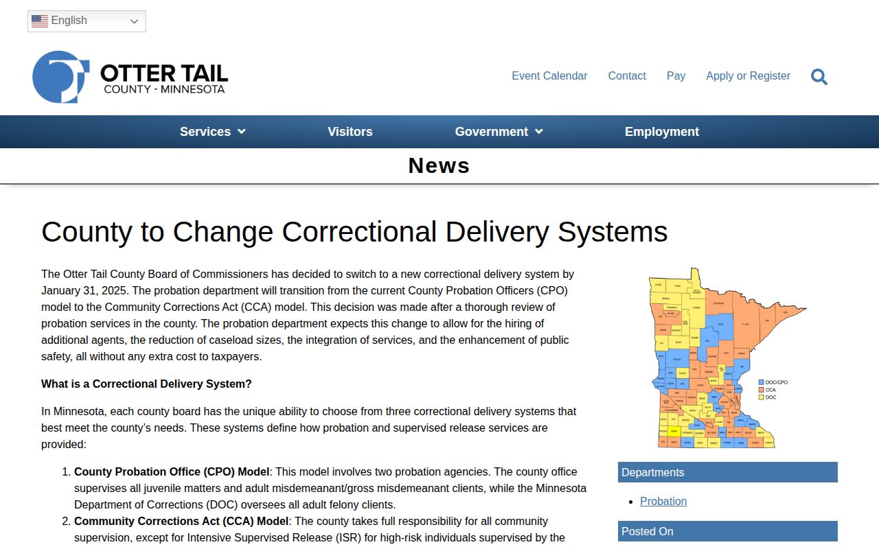 Otter Tail County parole and probation Community Corrections transition announcement